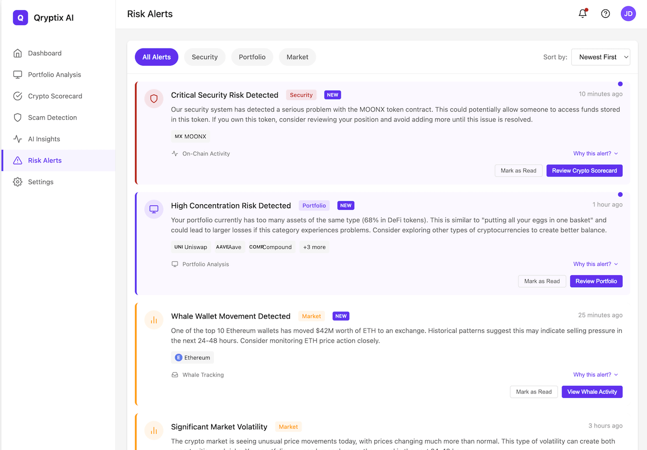 Qryptix AI Risk Alerts interface with security warnings, whale movement notifications, and portfolio risk indicators