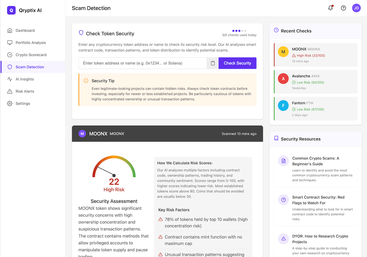 Qryptix AI Scam Detector interface analyzing a cryptocurrency token with security risk gauge and vulnerability indicators